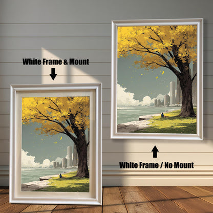 Yellow autumn tree art print comparison showing two framing options: White Frame & Mount (with a cream border) and White Frame / No Mount. The scene features a solitary figure near the water with a city skyline backdrop.