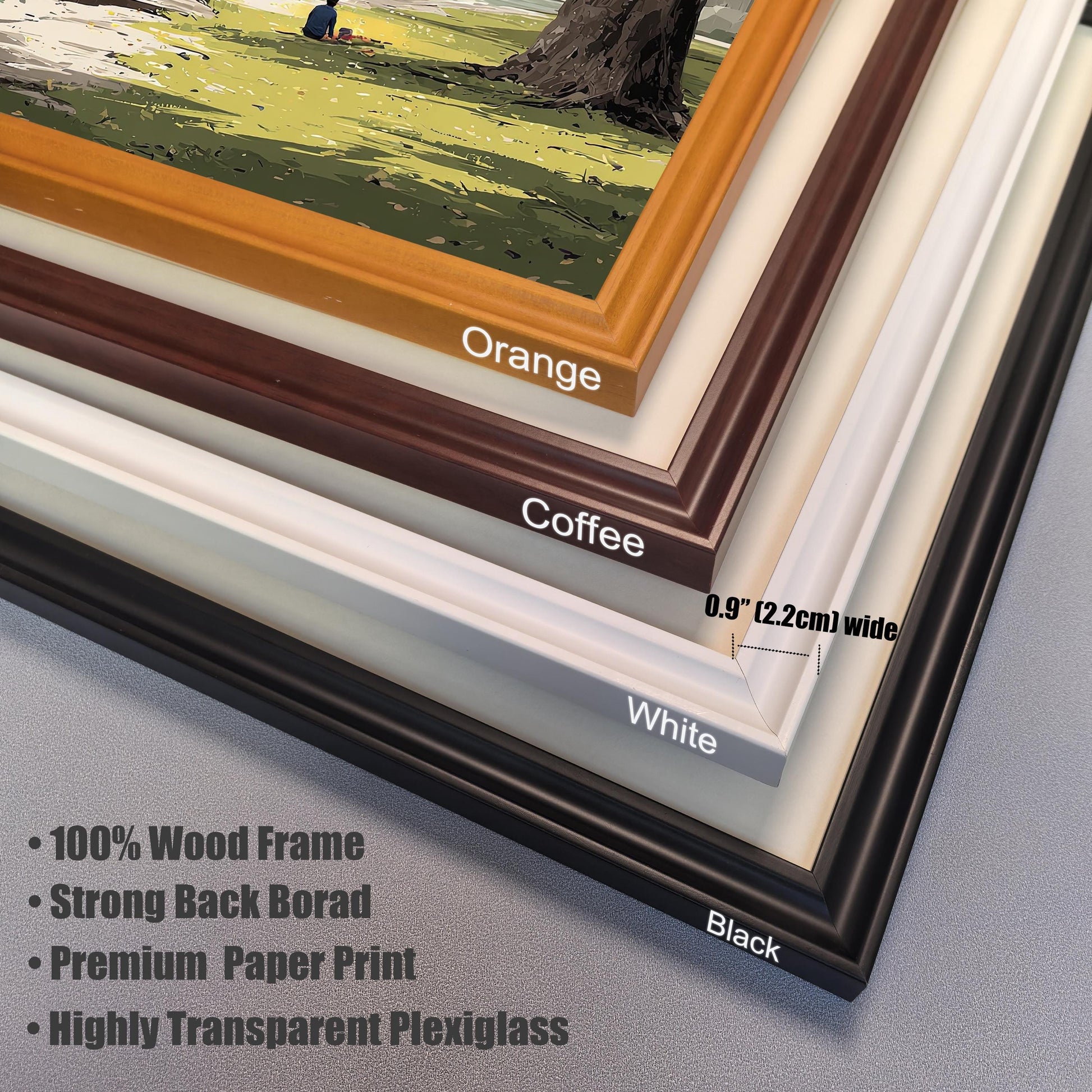 Frame detail close-up showing the four available wood frame colors: Orange, Coffee, White, and Black. The note highlights product features like 100% Wood Frame and the frame width is 0.9" (2.2cm).