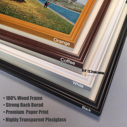 Frame detail close-up showing the four available wood frame colors: Orange, Coffee, White, and Black. The note highlights the 100% Wood Frame and Premium Paper Print, with the frame width being 0.9"" (2.2cm).