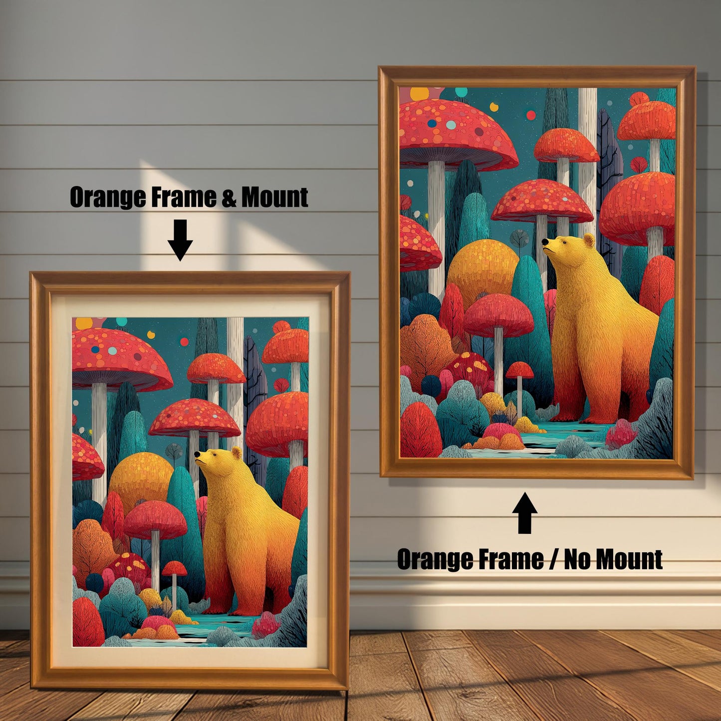 Comparison image: Art print in an Orange frame with a white mount (mat) next to the same print in an Orange frame without a mount.