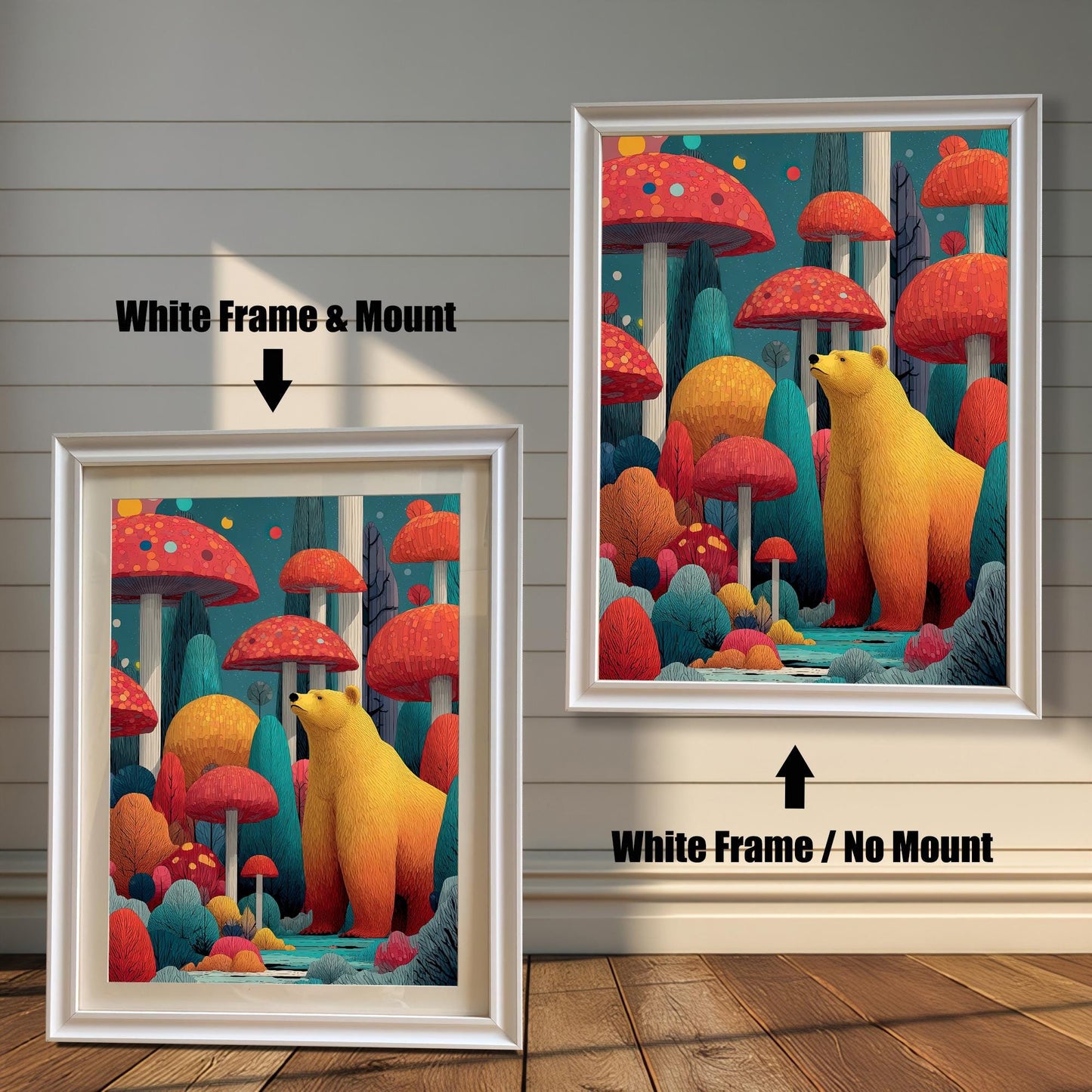 Comparison image: Art print in a White frame with a white mount (mat) next to the same print in a White frame without a mount.