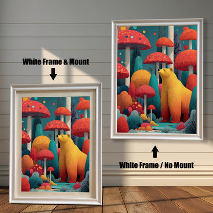 Comparison image: Art print in a White frame with a white mount (mat) next to the same print in a White frame without a mount.