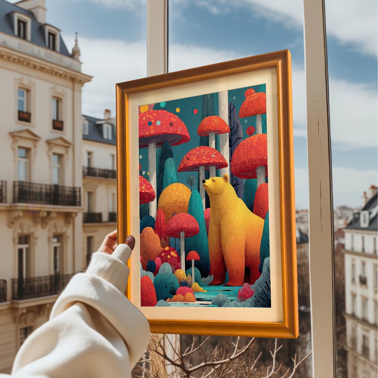 A person holds the framed art print with an Orange frame up to a window overlooking a European cityscape.