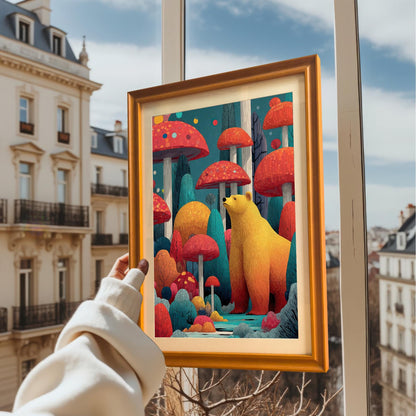 A person holds the framed art print with an Orange frame up to a window overlooking a European cityscape.