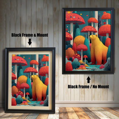 Comparison image: Art print in a Black frame with a white mount (mat) next to the same print in a Black frame without a mount.