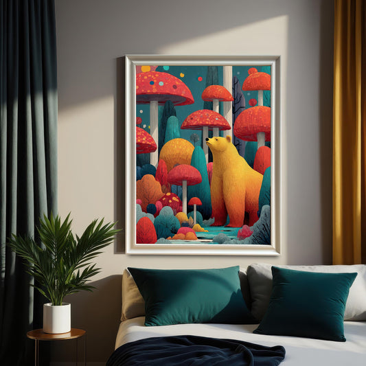A large framed art print of a golden bear in a colorful forest of red, orange, and blue mushrooms and trees, hanging above a bed with dark teal pillows.