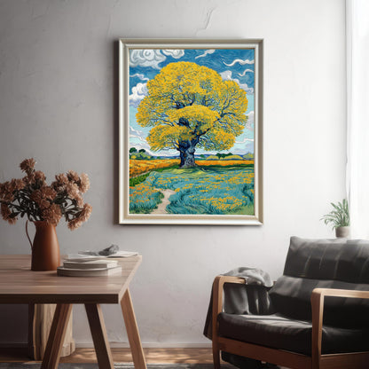 A large framed art print of a bright yellow tree in a field of yellow flowers and teal-blue grass, hung on a textured gray wall above a dark leather armchair