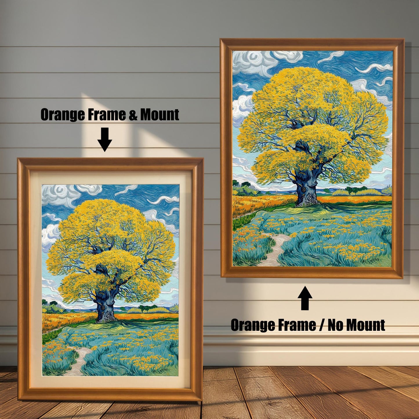 Comparison image: Art print in an Orange frame with a white mount (mat) next to the same print in an Orange frame without a mount. Shows a large yellow tree in a field.