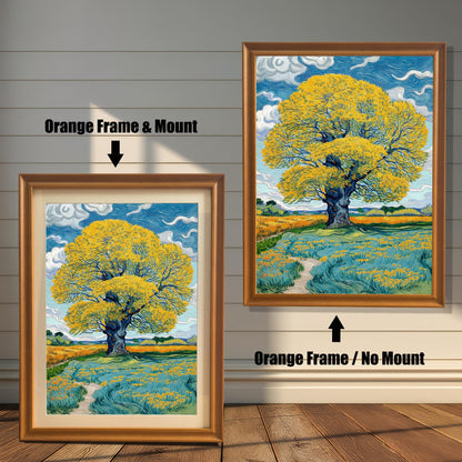 Comparison image: Art print in an Orange frame with a white mount (mat) next to the same print in an Orange frame without a mount. Shows a large yellow tree in a field.