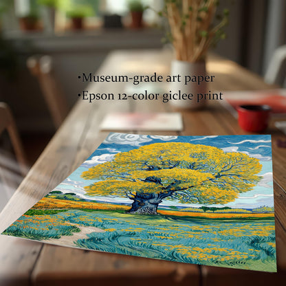 The art print, featuring a large yellow tree in a vibrant field, lying on a wooden table. Text overlay highlights: ""Museum-grade art paper"" and ""Epson 12-color giclee print"".