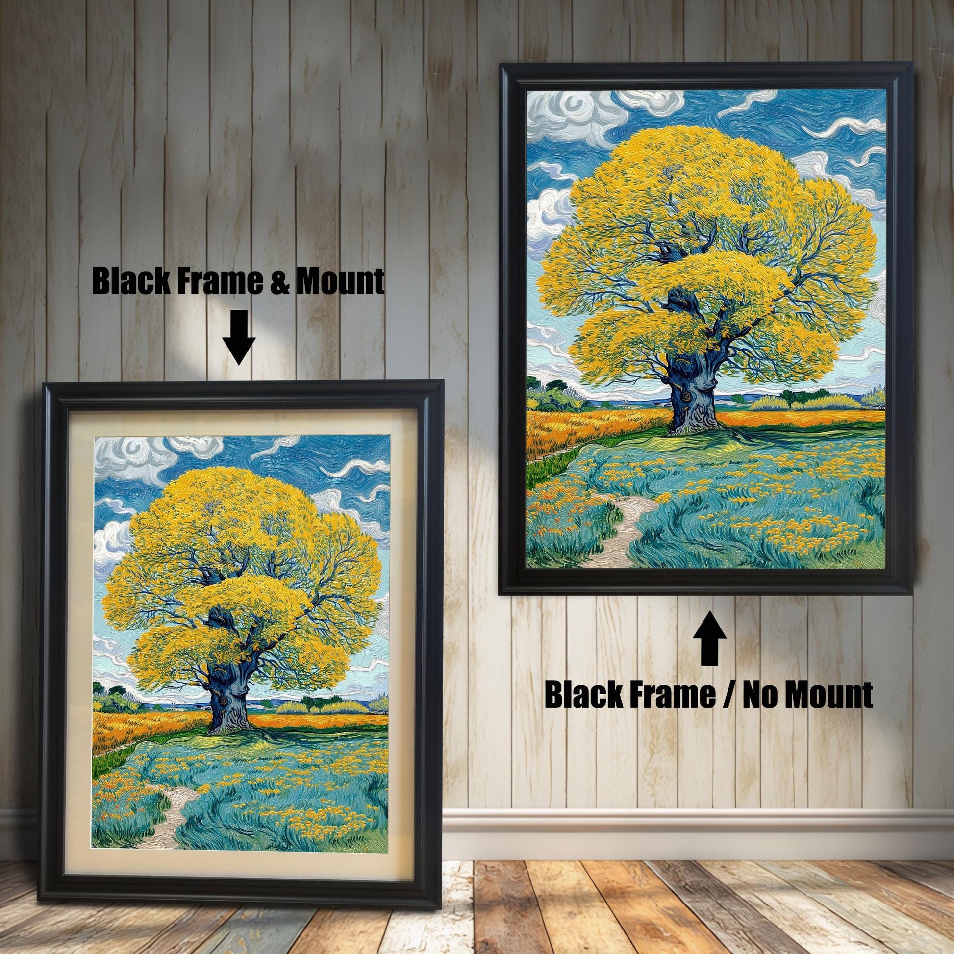 Comparison image: Art print in a Black frame with a white mount (mat) next to the same print in a Black frame without a mount. Shows a large yellow tree in a field.