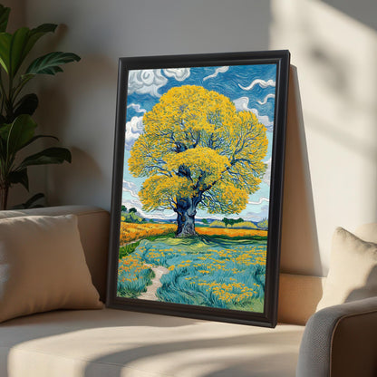 A framed art print featuring a large yellow tree in a field of blue and yellow flowers, displayed in a Black frame and leaning on a light-colored sofa with a large cushion.
