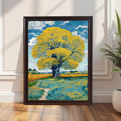 A framed art print of a bright yellow tree in a blue and yellow field, set in a Coffee-colored frame, leaning on a wood floor against a white paneled wall next to a houseplant.