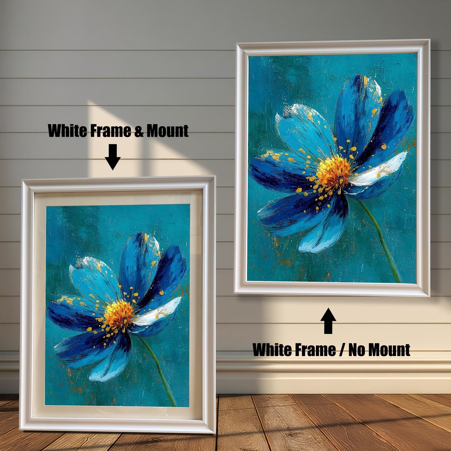 Comparison image: Art print in a White frame with a white mount (mat) next to the same print in a White frame without a mount. Shows a blue and gold flower.