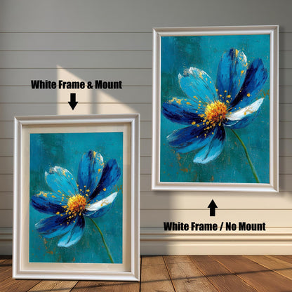 Comparison image: Art print in a White frame with a white mount (mat) next to the same print in a White frame without a mount. Shows a blue and gold flower.
