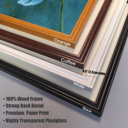 Product feature stack showing corner views of four frame colors: Orange, Coffee, White, and Black. The frame width is noted as 0.9"" (2.2cm) wide. Bullet points list product features: ""100% Wood Frame,"" ""Strong Back Board,"" ""Premium Paper Print,"" and ""Highly Transparent Plexiglass.""