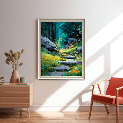 A framed art print of a bright forest path made of stone steps, surrounded by green grass and yellow and purple wildflowers. The print hangs in a light-colored frame above a wooden side table and next to a modern chair.