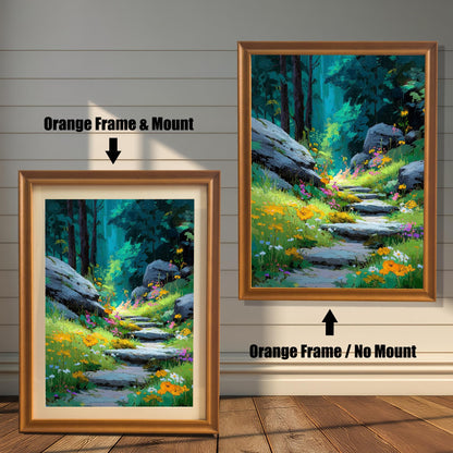 Comparison image: Art print of the forest path in an Orange frame with a white mount (mat) next to the same print in an Orange frame without a mount.