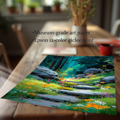 The art print of a stone path winding through a vibrant, flowery forest, lying on a wooden table. Text overlay highlights: ""Museum-grade art paper"" and ""Epson 12-color giclee print"".