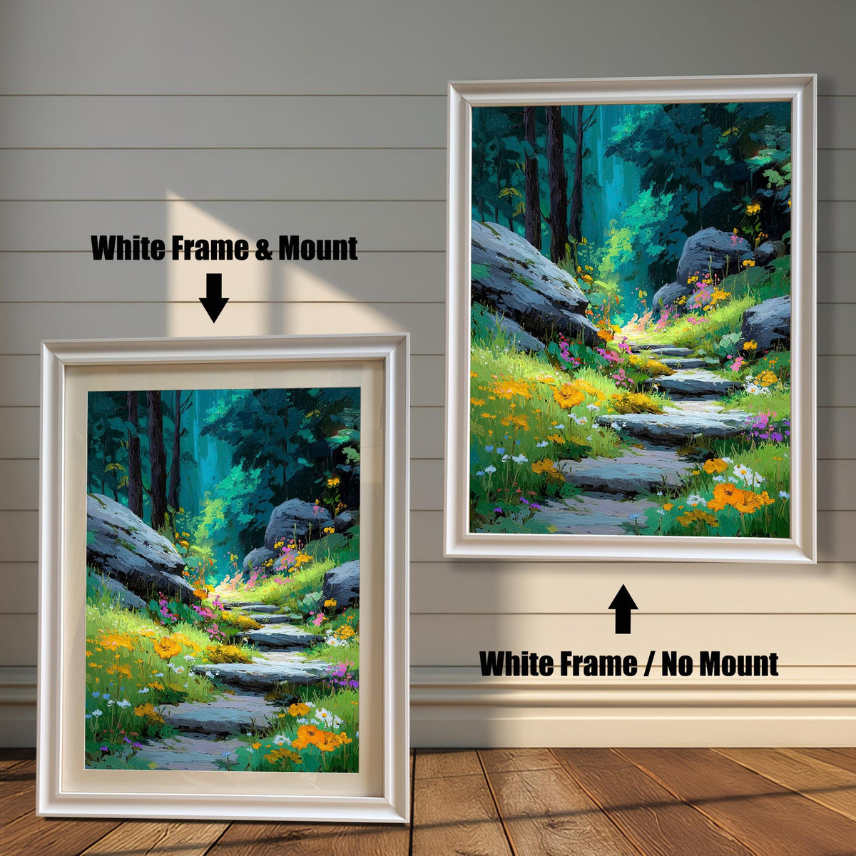 Comparison image: Art print of the forest path in a White frame with a white mount (mat) next to the same print in a White frame without a mount.