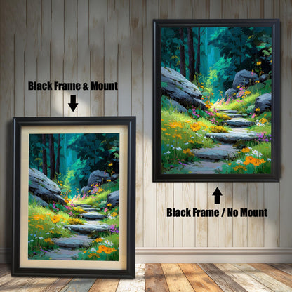 Comparison image: Art print of the forest path in a Black frame with a white mount (mat) next to the same print in a Black frame without a mount.