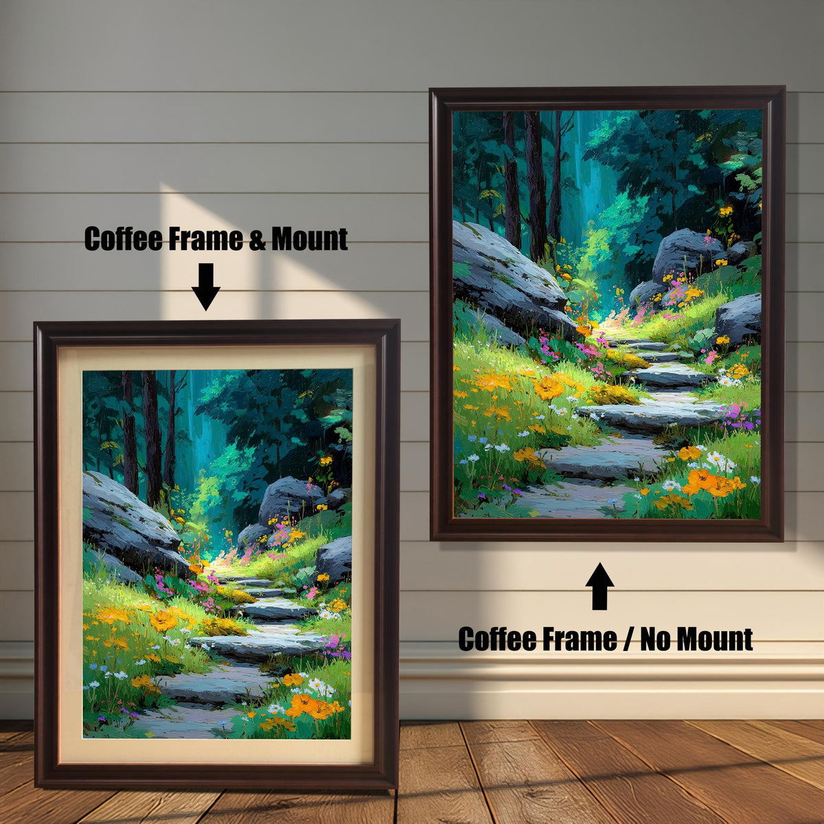 Comparison image: Art print of the forest path in a Coffee frame with a white mount (mat) next to the same print in a Coffee frame without a mount.