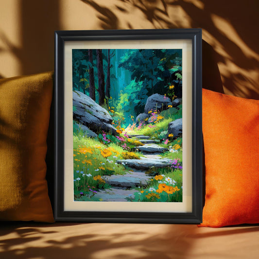 A framed art print of the stone forest path in a Black frame with a mount (mat), leaning between an orange and a mustard-colored cushion, with dramatic shadows cast above."
