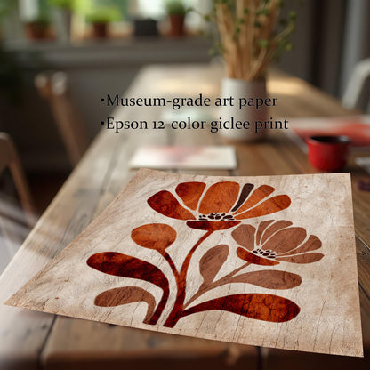 Close-up of the unframed art print lying on a rustic wooden table, showing the texture and colors of the stylized rust-orange and brown floral design. Text overlay highlights: Museum-grade art paper and Epson 12-color giclee print. (This highlights the material quality.)