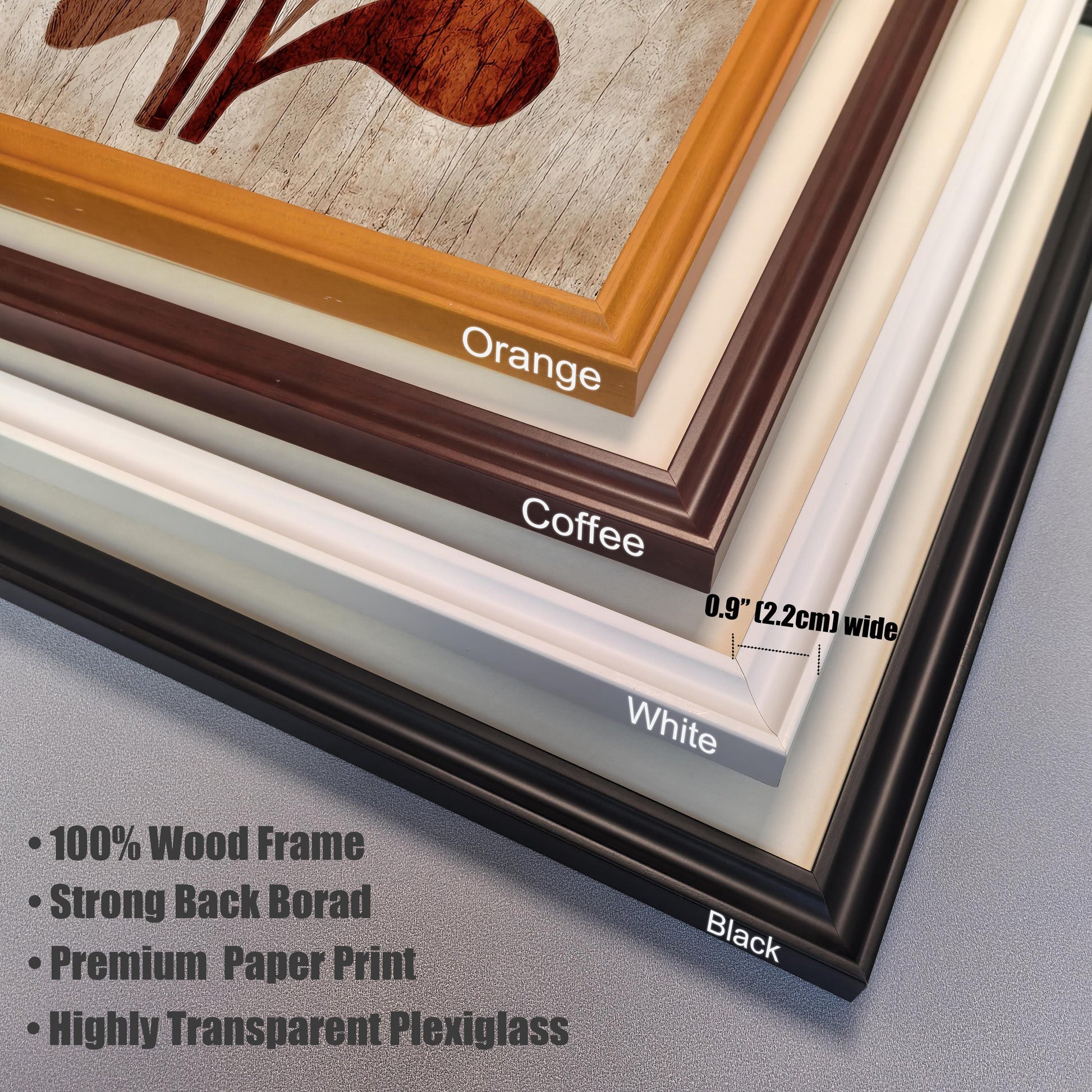 Close-up stack of the four available wood frame corners in different colors: Orange, Coffee (dark brown), White, and Black. Text notes the 0.9 inch (2.2cm) width and lists frame features: 100% Wood Frame, Strong Back Borad, Premium Paper Print, Highly Transparent Plexiglass. (This details the frame and material options.)