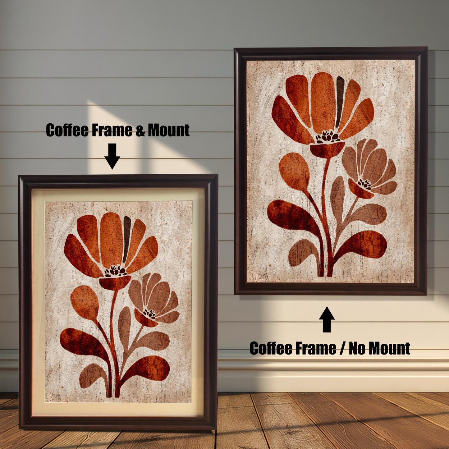 Comparison of two framed art prints: A smaller print with a coffee/dark brown frame and a beige mount/mat, and a larger print with a coffee/dark brown frame but no mount. Both feature the stylized rust-orange floral design. (This focuses on the coffee/dark brown frame and mounting options.)