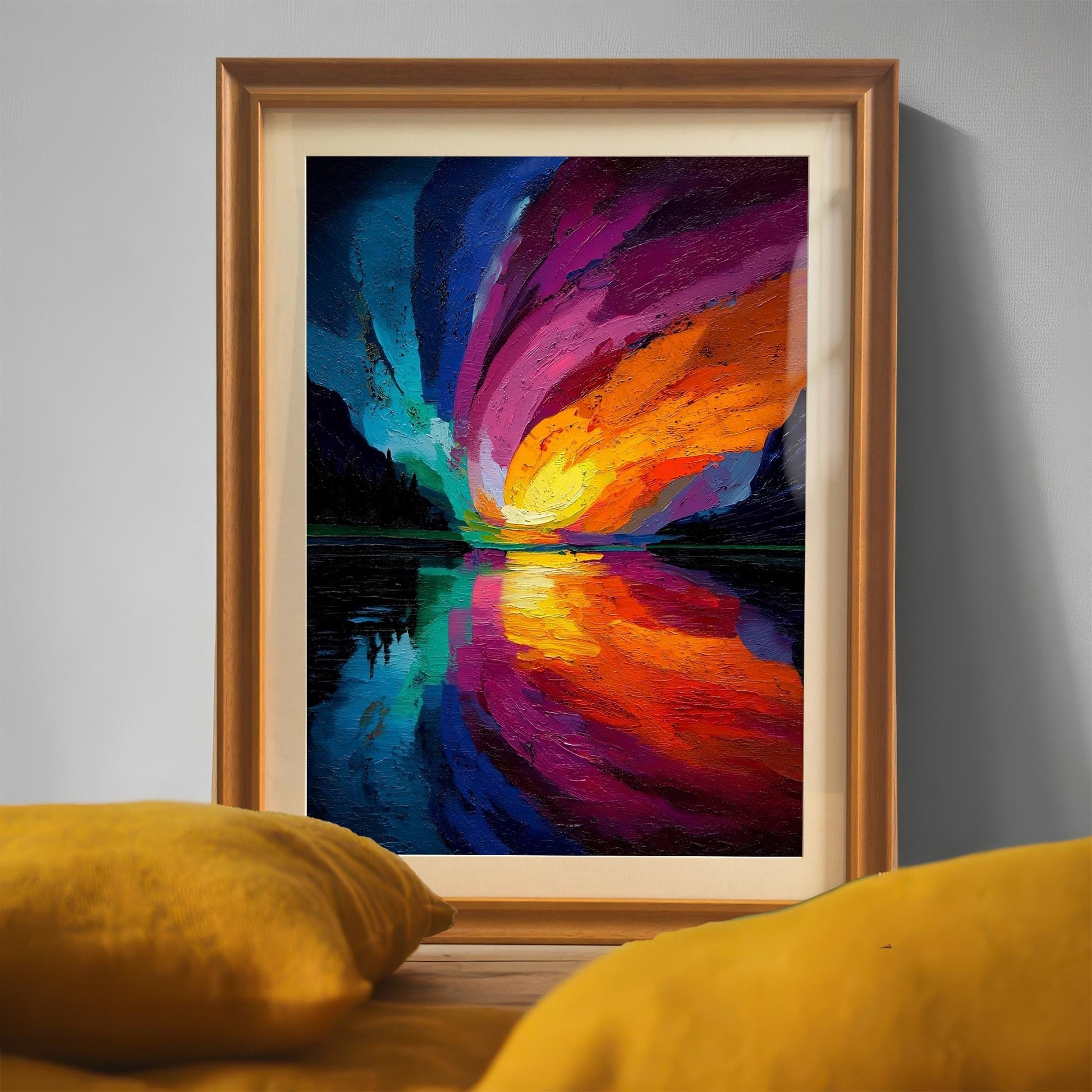 Close-up view of the framed abstract colorful swirling sky art print with an Orange/Gold frame and mount/mat, leaning against a gray wall with bright yellow pillows in the foreground.
