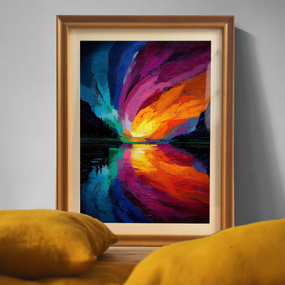 Close-up view of the framed abstract colorful swirling sky art print with an Orange/Gold frame and mount/mat, leaning against a gray wall with bright yellow pillows in the foreground.