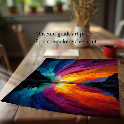Close-up of the unframed art print lying on a rustic wooden table, showcasing the thick, painterly texture and vibrant colors of the abstract swirling landscape. Text overlay highlights the quality: Museum-grade art paper and Epson 12-color giclee print.