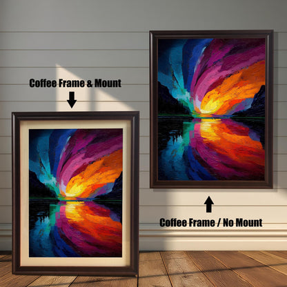 Comparison of two framed art prints: A smaller print with a Coffee/Dark Brown frame and a beige mount/mat, and a larger print with a coffee frame but no mount. Both feature the abstract colorful swirling sky landscape.