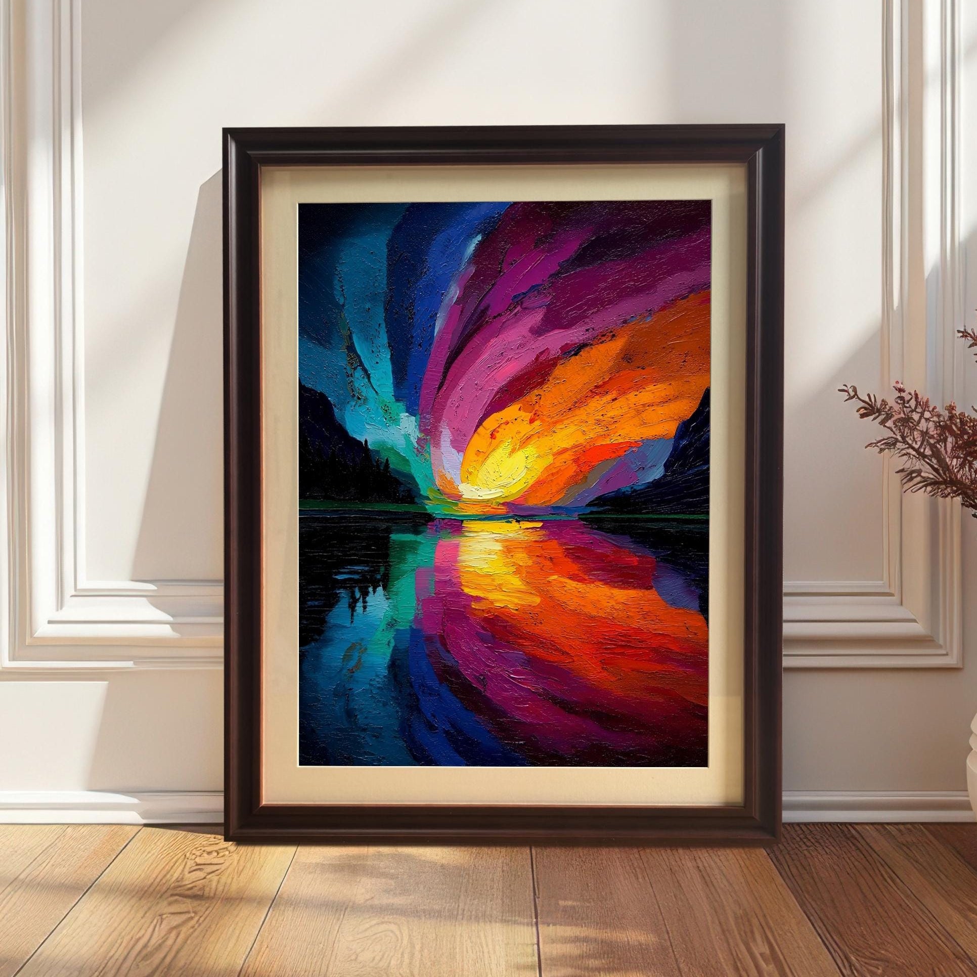 Vertical framed art print of the abstract, colorful swirling landscape with a Coffee/Dark Brown frame and a beige mount/mat, leaning on a hardwood floor against a white wall with wainscoting.