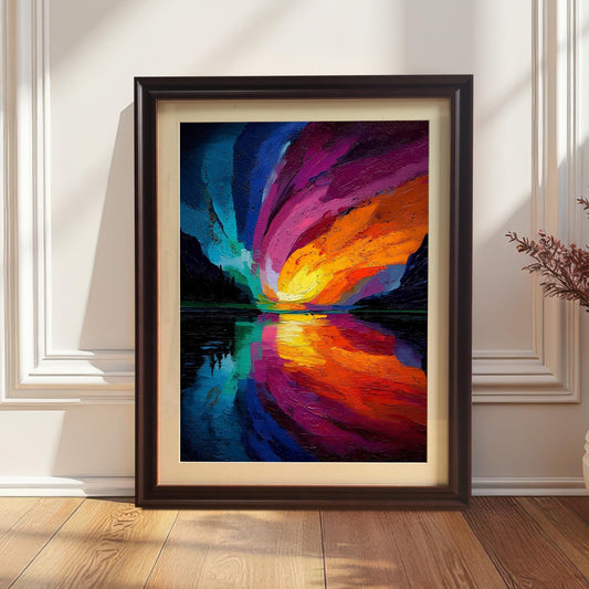 Vertical framed art print of the abstract, colorful swirling landscape with a Coffee/Dark Brown frame and a beige mount/mat, leaning on a hardwood floor against a white wall with wainscoting.