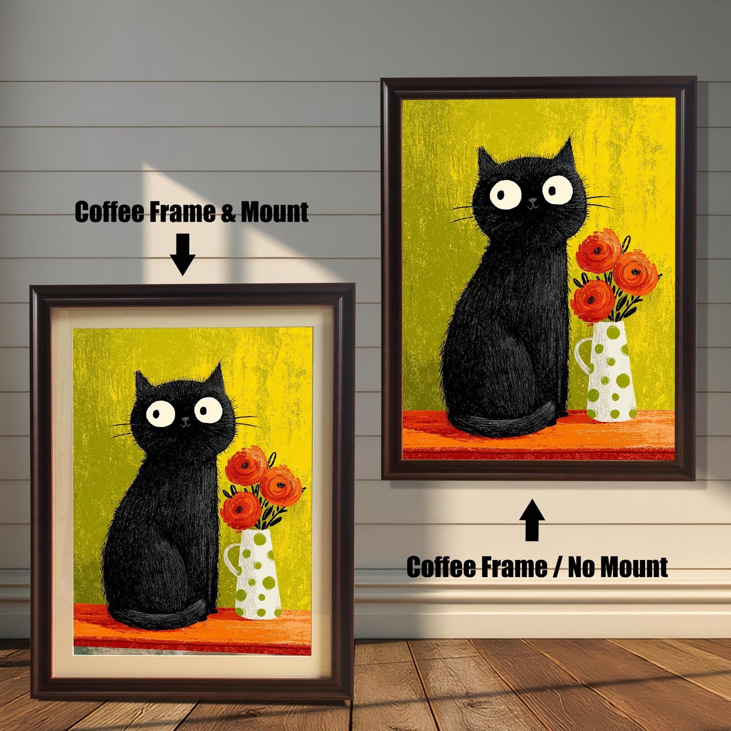 Comparison of two framed prints: A smaller print with a Coffee/Dark Brown frame and a beige mount/mat, and a larger print with a coffee frame but no mount. Both feature the quirky black cat art against the lime-green background.