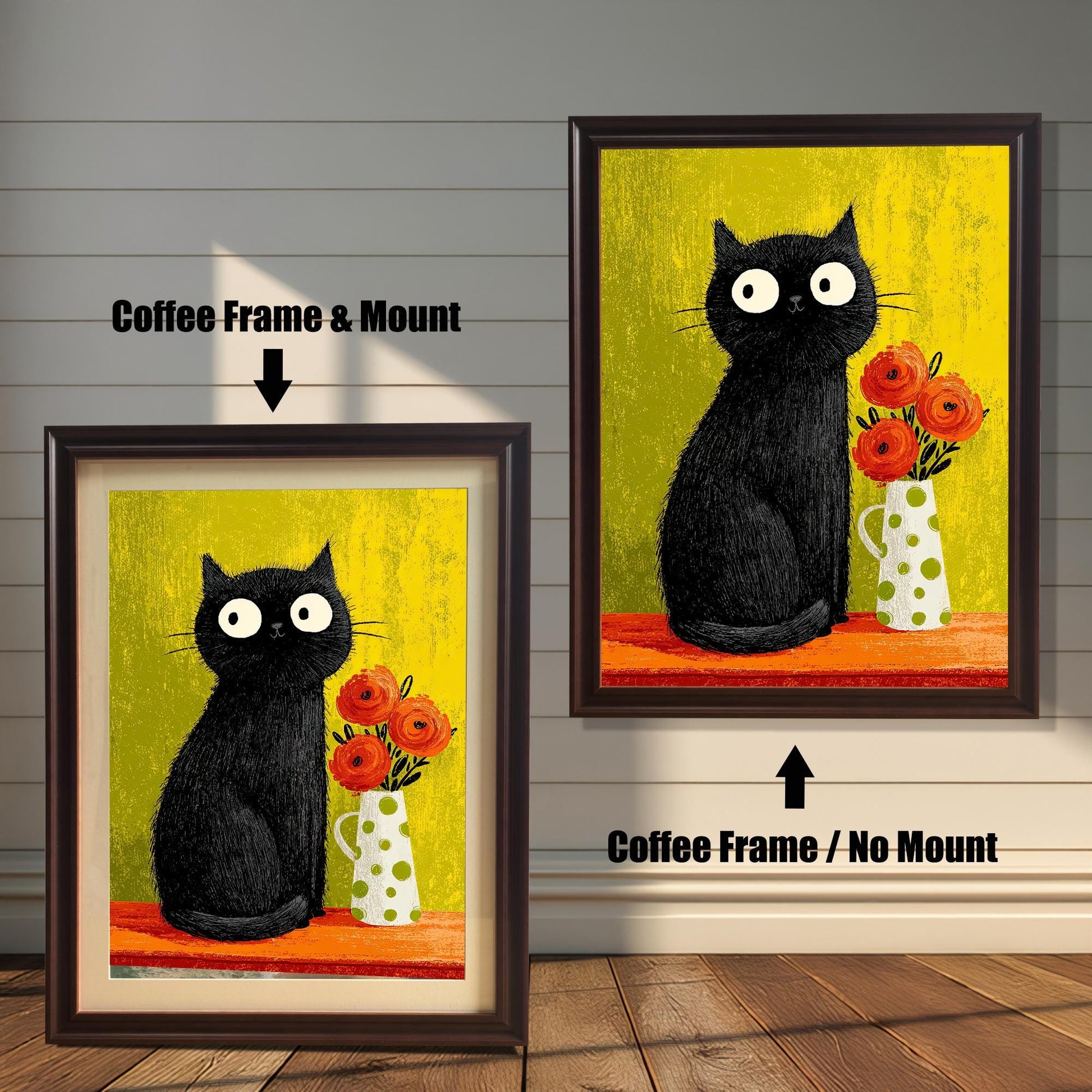 Comparison of two framed prints: A smaller print with a Coffee/Dark Brown frame and a beige mount/mat, and a larger print with a coffee frame but no mount. Both feature the quirky black cat art against the lime-green background.