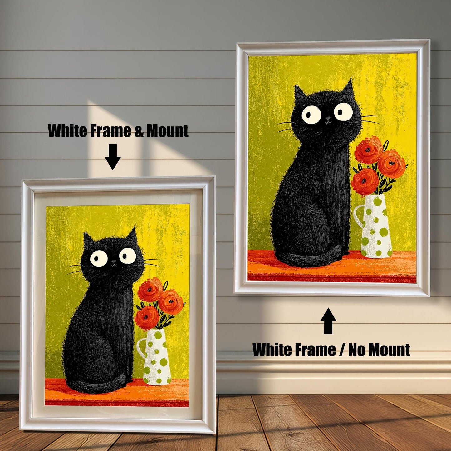 Comparison of two framed prints: A smaller print with a White frame and a beige mount/mat, and a larger print with a white frame but no mount. Both feature the black cat art.
