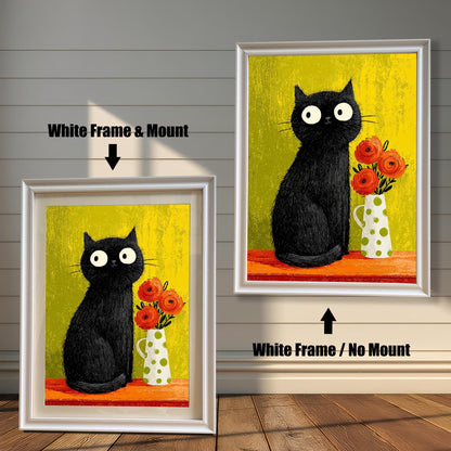 Comparison of two framed prints: A smaller print with a White frame and a beige mount/mat, and a larger print with a white frame but no mount. Both feature the black cat art.