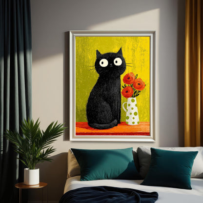 Vertical framed art print of a whimsical black cat with large white eyes sitting next to a white polka-dot vase with orange flowers, all against a bright lime-green background. The print has a white frame and is hung above a bed with teal pillows in a cozy bedroom setting.