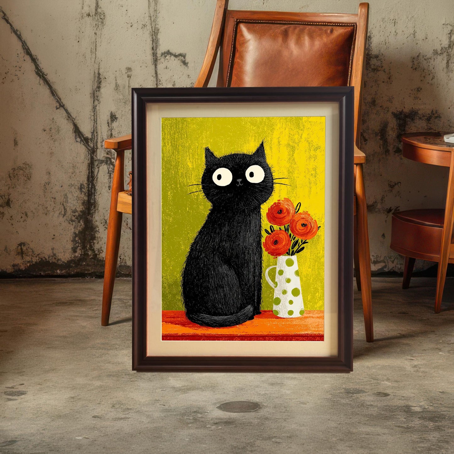 Framed art print of the quirky black cat illustration with a Coffee/Dark Brown frame and mount/mat, leaning on a concrete floor in front of a vintage wooden chair.