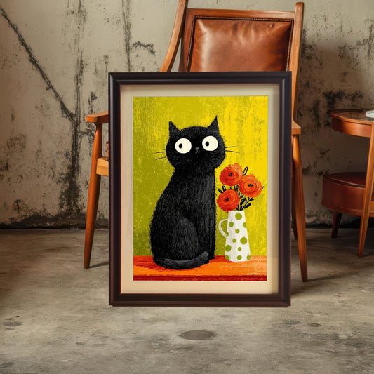 Framed art print of the quirky black cat illustration with a Coffee/Dark Brown frame and mount/mat, leaning on a concrete floor in front of a vintage wooden chair.