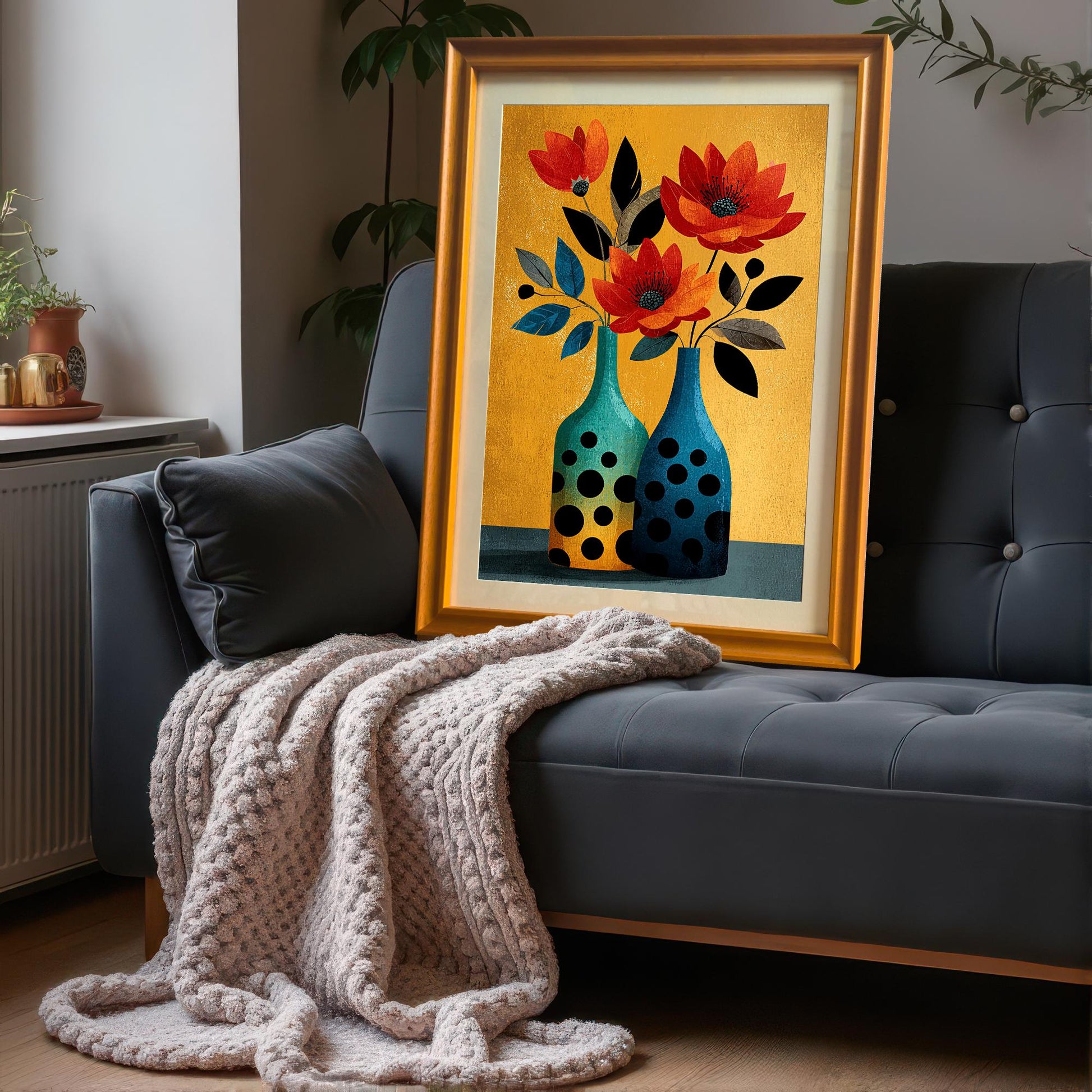 Framed art print of the abstract floral design with a Gold/Orange frame and mount/mat, resting on a dark gray sofa next to a chunky knit blanket.