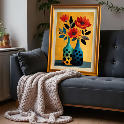 Framed art print of the abstract floral design with a Gold/Orange frame and mount/mat, resting on a dark gray sofa next to a chunky knit blanket.