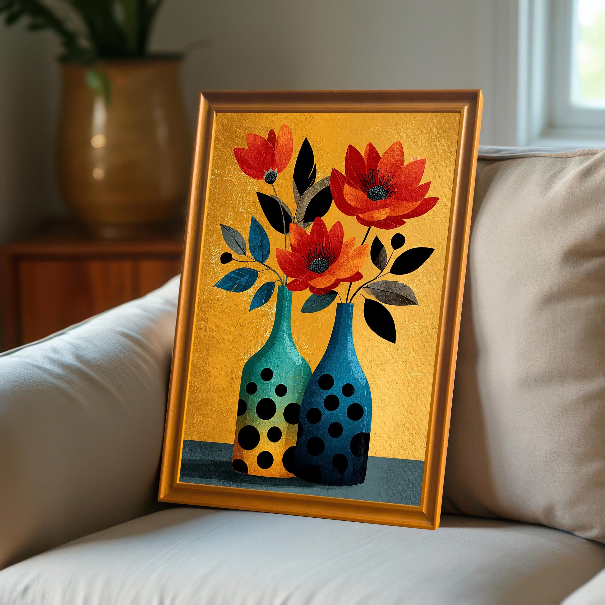 Close-up of the framed abstract floral art print with an Orange/Gold frame, resting on the arm of a beige upholstered couch in a bright room.