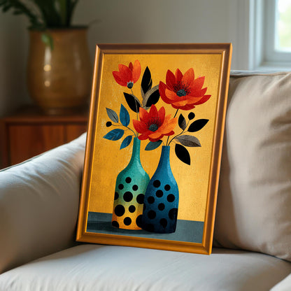 Close-up of the framed abstract floral art print with an Orange/Gold frame, resting on the arm of a beige upholstered couch in a bright room.