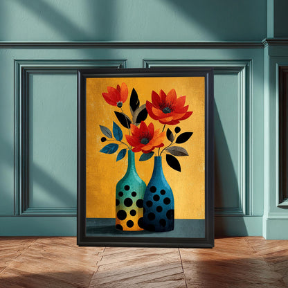 Vertical framed art print of two stylized flowers in orange and black in two polka-dot vases against a vibrant gold/mustard yellow background. The print has a Black frame and is leaning against a paneled wall painted teal.