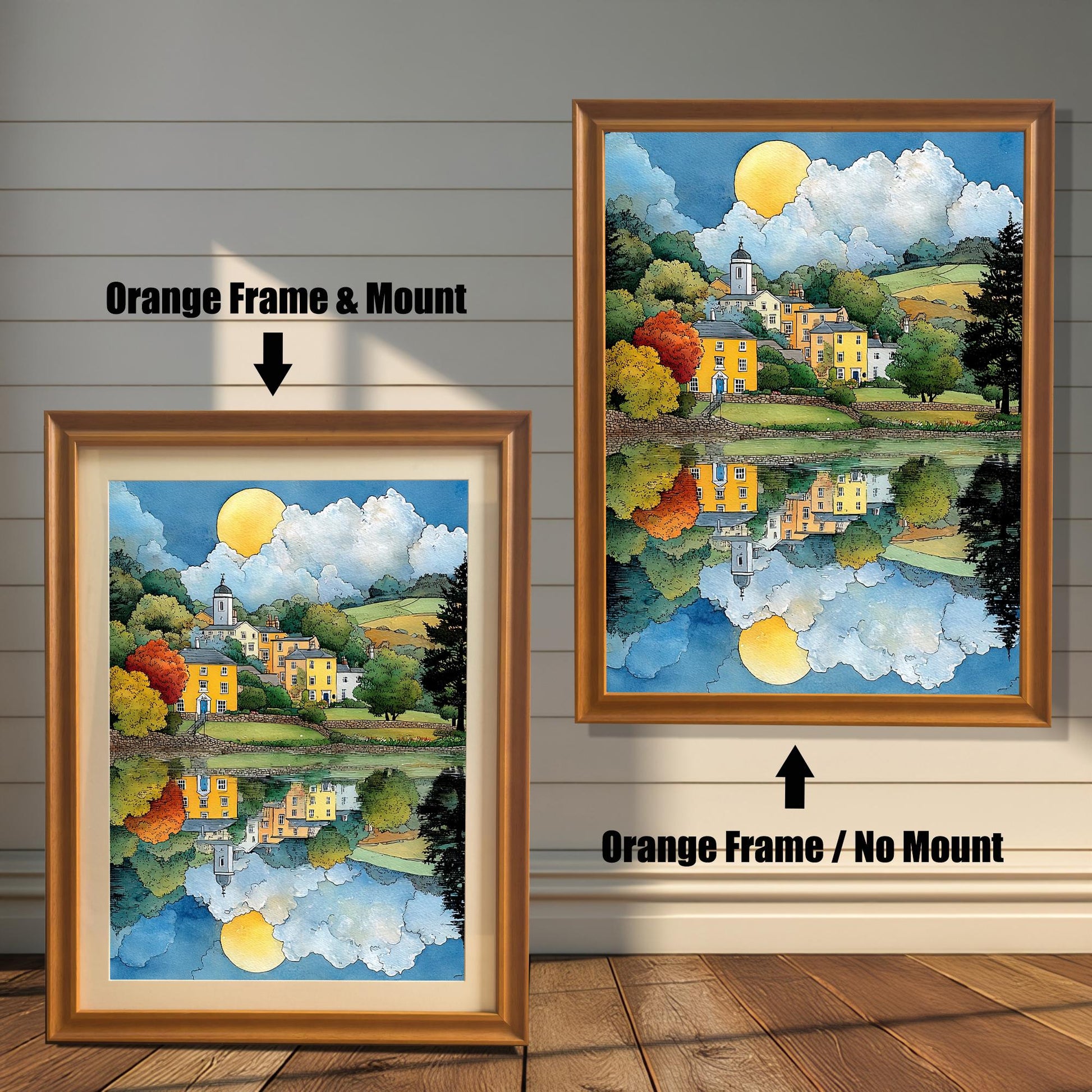 Comparison image of the framed art print. On the left, it has an Orange Frame & Mount (matting). On the right, it has an Orange Frame / No Mount. The art is a vibrant village with reflection.