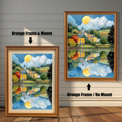 Comparison image of the framed art print. On the left, it has an Orange Frame & Mount (matting). On the right, it has an Orange Frame / No Mount. The art is a vibrant village with reflection.